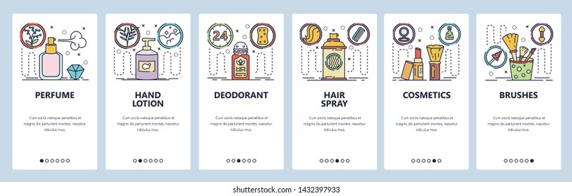 Mobile app onboarding screens. Natural cosmetics, perfume, hair spray, brushes, hand lotion. Menu vector banner template for website and mobile development. Web site design flat illustration.