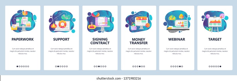 Mobile app onboarding screens. Office paperwork, business webinar, sign contract. Menu vector banner template for website and mobile development. Web site design flat illustration