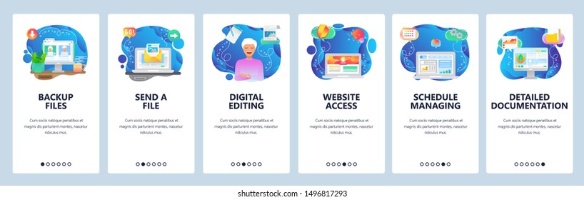 Mobile app onboarding screens. Office computer, files backup, business dashboard, send email. Menu vector banner template for website and mobile development. Web site design flat illustration.