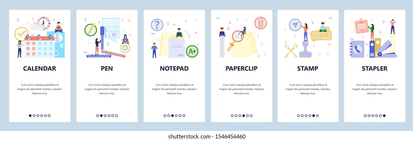 Mobile app onboarding screens. Office supplies, business calendar, stamp, paperclip. Menu vector banner template for website and mobile development. Web site design flat illustration.