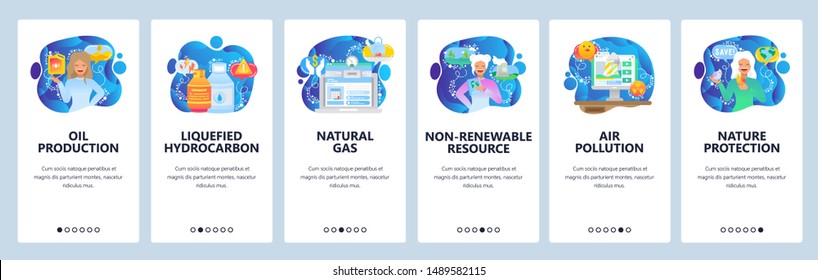 Mobile app onboarding screens. Oil production, natural gas, air pollution. Menu vector banner template for website and mobile development. Web site design flat illustration.