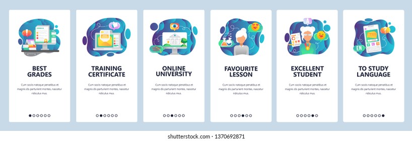 Mobile app onboarding screens. Online education and digital university, training courses and certificate. Menu vector banner template for website and mobile development. Web site flat illustration.