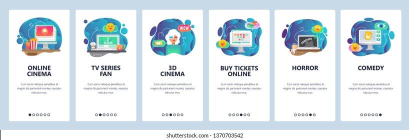 Mobile App-Onboarding-Bildschirme. Online-Kino, Filmtickets, 3D-Brille, Fernsehserie. Menüs Vektorillustration Banner Vorlage für Website und mobile Entwicklung. Website-Design flache Illustration.