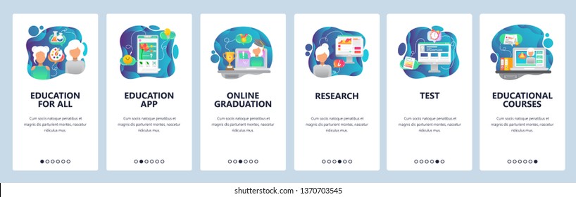 Mobile app onboarding screens. Online education, graduation and courses. Menu vector banner template for website and mobile development. Web site design flat illustration.