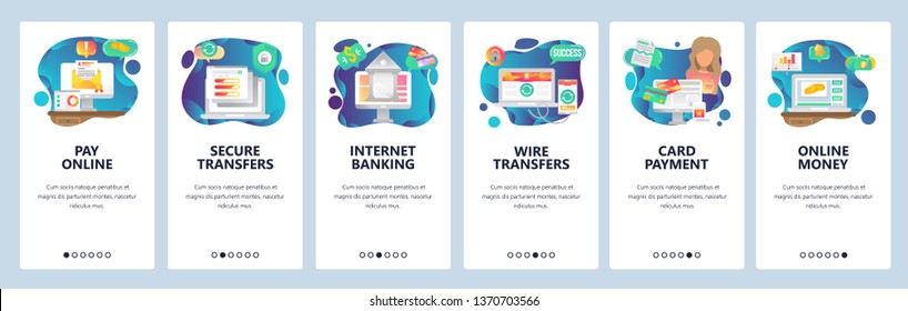 Mobile App Onboarding Screens. Online Payment, Wire Transfers And Digital Money. Internet Secure Banking And Finance. Menu Vector Banner Template For Website And Mobile Development. Web Illustration