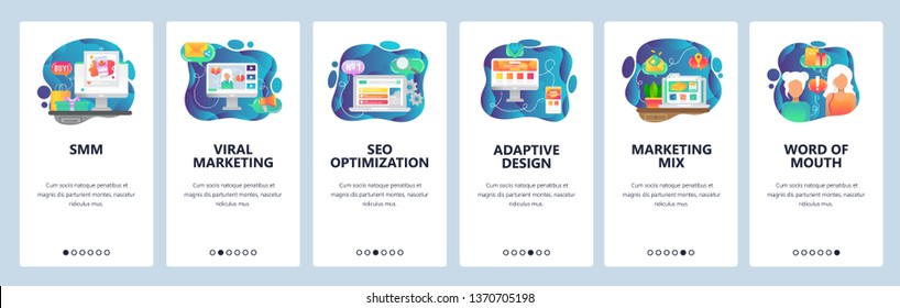 Mobile app onboarding screens. Online digital marketing, SMM, SEO, viral marketing. Menu vector banner template for website and mobile development. Web site design flat illustration.