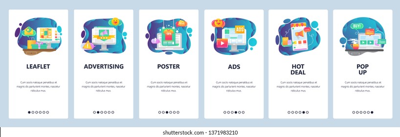 Mobile app onboarding screens. Online shopping, sale and promotion, hot deal and advertising. Menu vector banner template for website and mobile development. Web site design flat illustration