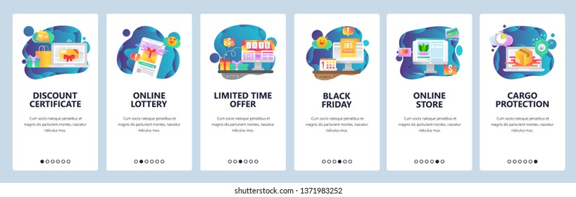 Mobile app onboarding screens. Online Shopping, black friday sales and promotion, online lottery and delivery. Menu vector banner template for website and mobile development. Web site illustration