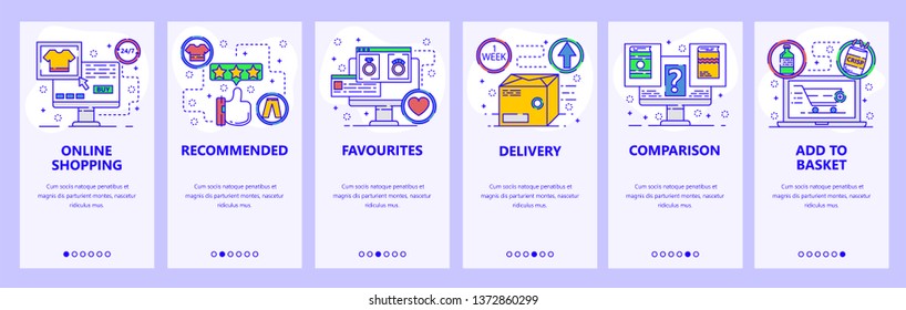 Mobile app onboarding screens. Online shopping, package delivery, product rating and review . Menu vector banner template for website and mobile development. Web site design flat illustration.