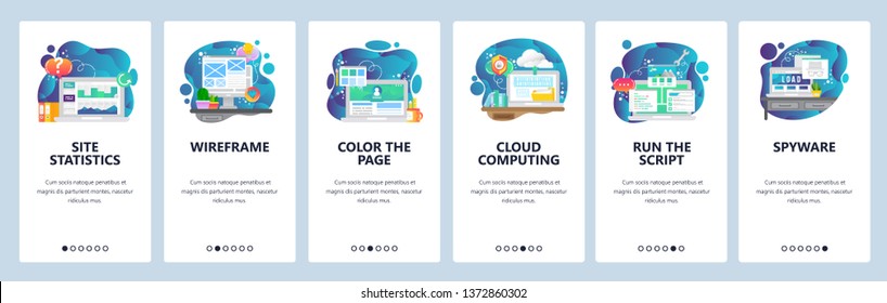 Mobile app onboarding screens. Online cloud services, website wireframe and development, cloud computing. Menu vector banner template for website and mobile development. Web site flat illustration.