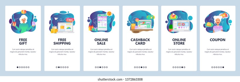 Mobile app onboarding screens. Online shopping and payment, free delivery, cashback and sale. Menu vector banner template for website and mobile development. Web site design flat illustration.