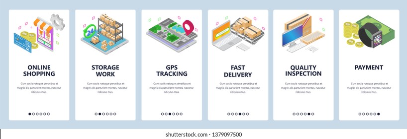 Mobile app onboarding screens. Online shopping, smart watch, wireless payments, warehouse, delivery, gps tracking. Menu vector banner template for website and mobile development. Isometric illustratio