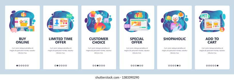 Mobile app onboarding screens. Online shopping, customer choice, special sale offer, shopaholic woman. Menu vector banner template for website and mobile development. Web site illustration