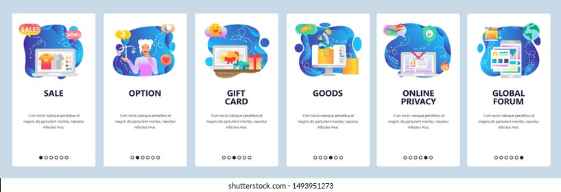 Mobile app onboarding screens. Online shopping, sale and promotion, gift card, buy on internet. Menu vector banner template for website and mobile development. Web site design flat illustration.