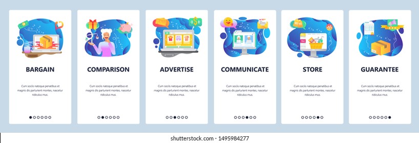Mobile app onboarding screens. Online shopping, package delivery, sale advertisement. Menu vector banner template for website and mobile development. Web site design flat illustration.