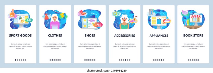 Mobile app onboarding screens. Online shopping, sport goods, book store, sale. Menu vector banner template for website and mobile development. Web site design flat illustration.