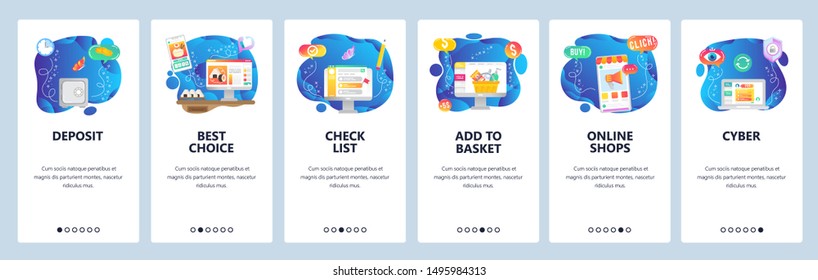 Mobile app onboarding screens. Online shopping, order food online, sale promotion. Menu vector banner template for website and mobile development. Web site design flat illustration.