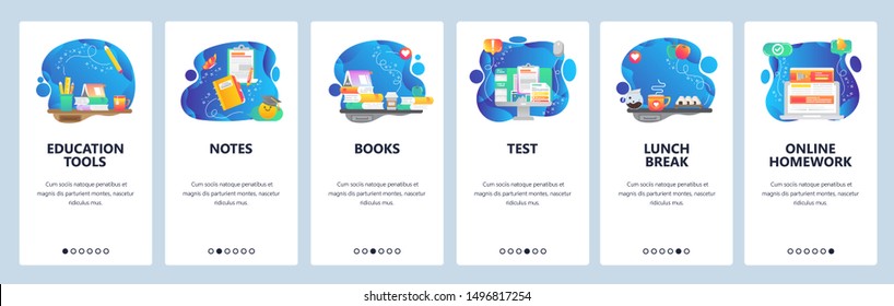 Mobile app onboarding screens. Online homework, education, books on a table, online test, lunch break. Menu vector banner template for website and mobile development. Web site design flat illustration