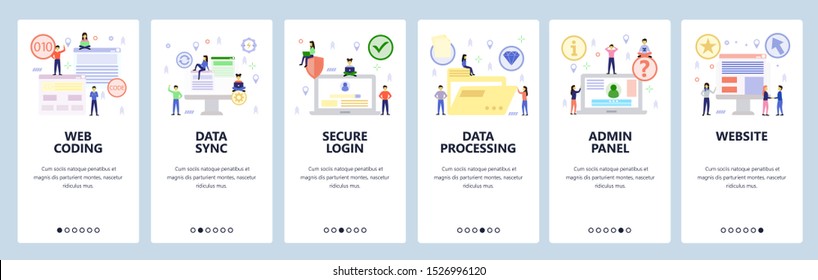 Mobile app onboarding screens. Online support, presentation, search and global network. Menu vector banner template for website and mobile development. Web site design flat illustration.