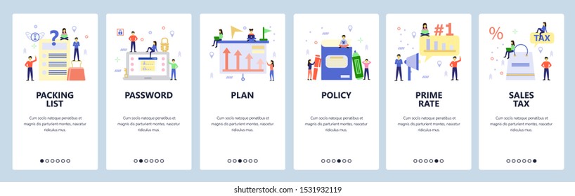 Mobile app onboarding screens. Online shopping, business plan, login password. Menu vector banner template for website and mobile development. Web site design flat illustration.