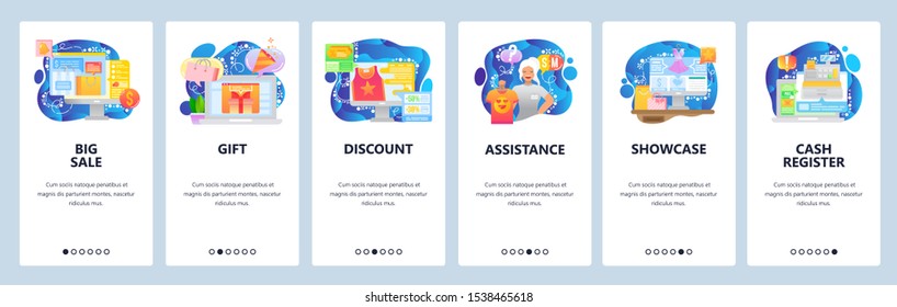 Mobile app onboarding screens. Online shopping, sale, discount, female store assiatant, cash register. Menu vector banner template for website and mobile development. Web site design flat illustration