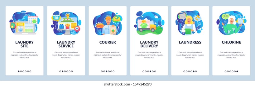 Mobile app onboarding screens. Online laundry service, delivery, ccleaning, washing clothes. Menu vector banner template for website and mobile development. Web site design flat illustration.