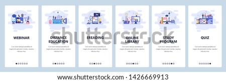 Mobile app onboarding screens. Online education, webinar, e-library and reading, quiz. Menu vector banner template for website and mobile development. Web site design flat illustration.