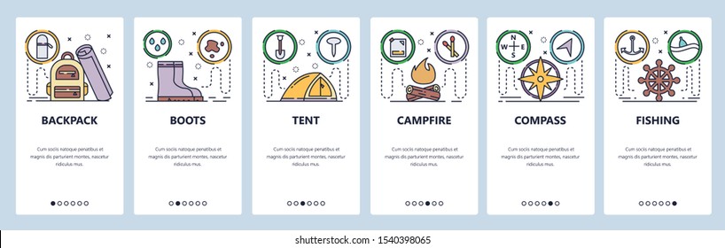 Mobile app onboarding screens. Outdoor travel, camping, tent, campfire, backpack. Menu vector banner template for website and mobile development. Web site design flat illustration.
