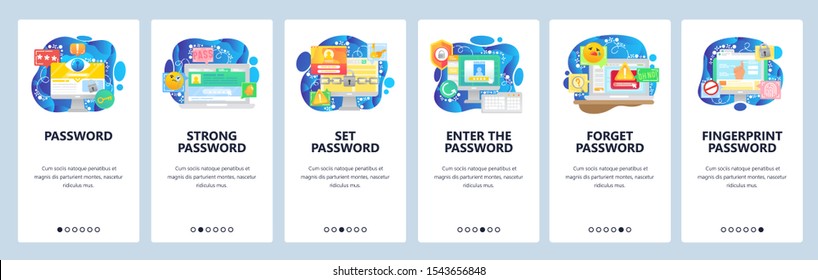 Mobile app onboarding screens. Password protection, computer cyber security, secure access, fingerprint technology. Menu vector banner template for website and mobile development. Web site design flat