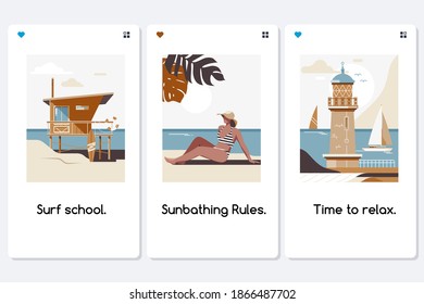 Mobile app onboarding screens. People summer activity.Travel, vacation and beach holiday icons. Flat vector illustration
