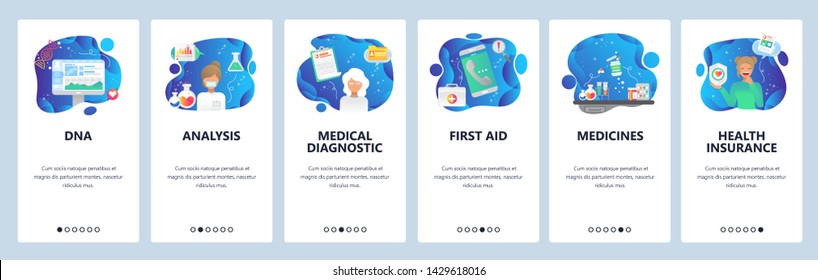 Mobile app onboarding screens. Pharmacy lab, drugs, DNA analysis, first aid, clinic doctor. Menu vector banner template for website and mobile development. Web site design flat illustration.