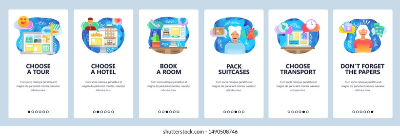 Mobile app onboarding screens. Plan vacation, travel, hotel booking, buy air tickets online. Menu vector banner template for website and mobile development. Web site design flat illustration.