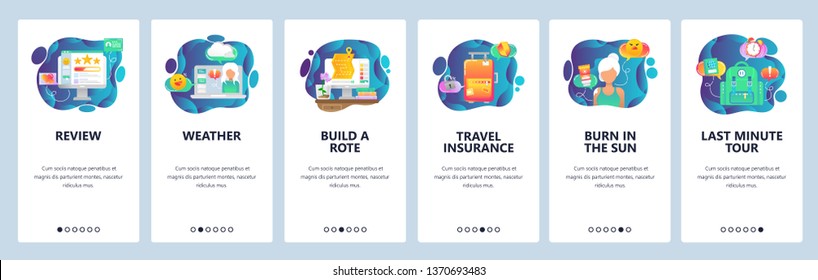 Mobile App-Onboarding-Bildschirme. Planungsurlaub, Reiseversicherung, Hotelbewertungen. Menu Vektorbanner Vorlage für Website und mobile Entwicklung. Website-Design flache Illustration.