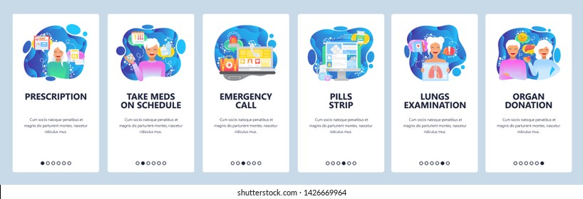 Mobile app onboarding screens. Prescription drugs, organ donation, emergency call, first aid. Menu vector banner template for website and mobile development. Web site design flat illustration.