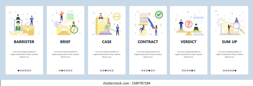 Mobile app onboarding screens. Pretrial agreement, court, legal case, verdict, barrister, lawyer. Menu vector banner template for website and mobile development. Web site design flat illustration.