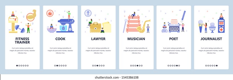 Pantallas de conexión de aplicaciones móviles. Profesionales, abogados, músicos, escritores, periodistas, entrenadores de fitness. Plantilla de banner vectorial de menú para el desarrollo de sitios web y móviles. Ilustración plana de diseño del sitio Web.