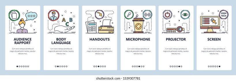 Mobile app onboarding screens. Public speaking and presentation icons, projector, screen, microphone and tribune. Menu vector banner template for website and mobile development. Web site design flat