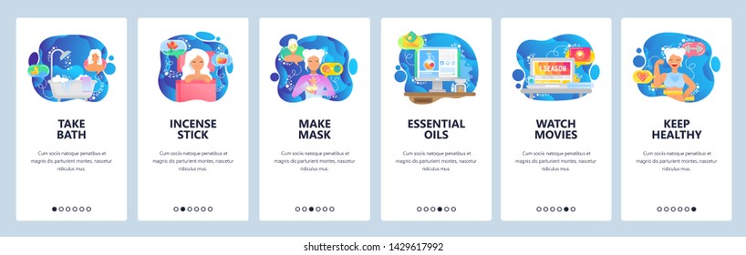 Mobile app onboarding screens. Relax and spa, beauty salon, healthy lifestyle. Menu vector banner template for website and mobile development. Web site design flat illustration.