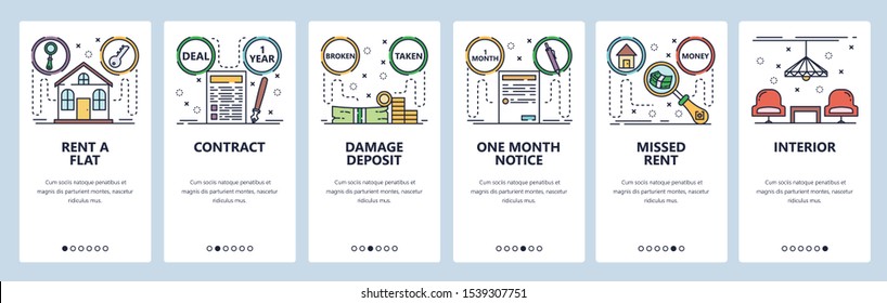 Mobile app onboarding screens. Rent a house contract, month notice, damage deposit, payment. Menu vector banner template for website and mobile development. Web site design flat illustration.