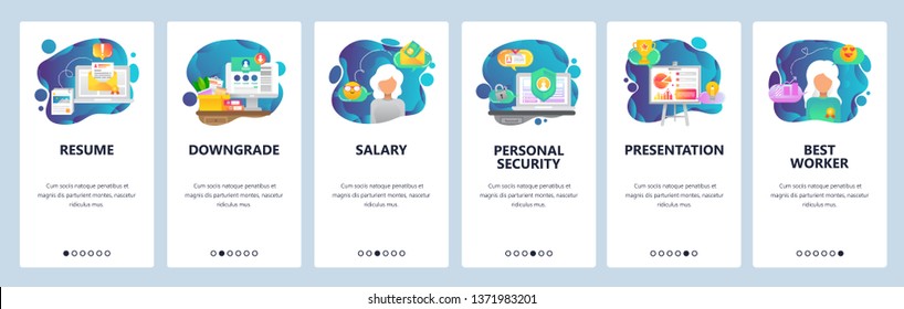 Mobile App Onboarding Screens. Resume And Job Offer, Best Employee, Salary And Business Presentation. Menu Vector Banner Template For Website And Mobile Development. Web Site Design Flat Illustration