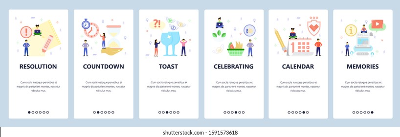 Mobile app onboarding screens. Sandwatch, countdown, holiday, new year, calendar. Menu vector banner template for website and mobile development. Web site design flat illustration.