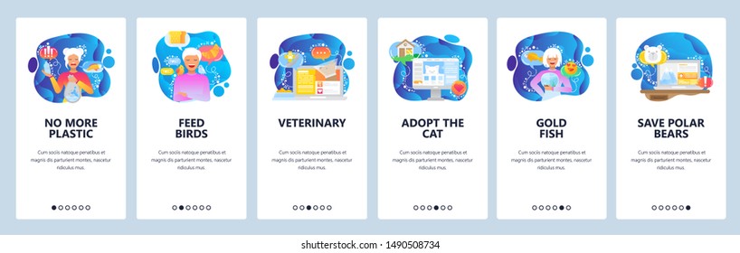 Mobile app onboarding screens. Save the planet, protect animals, no plastic bags. Menu vector banner template for website and mobile development. Web site design flat illustration.