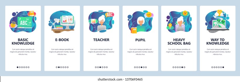 Mobile app onboarding screens. School teacher and pupils, knowledge and education. Menu vector banner template for website and mobile development. Web site design flat illustration.