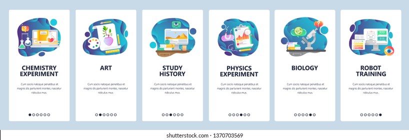 Mobile app onboarding screens. School education subjects, chemistry, physics, history, art, biology. Menu vector banner template for website and mobile development. Web site design flat illustration