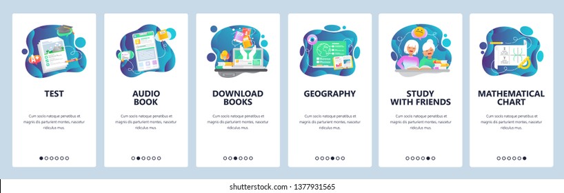 Mobile app onboarding screens. School education . Menu vector banner template for website and mobile development. Web site design flat illustration.