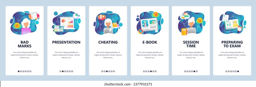 Mobile app onboarding screens. School and college education, exam cheating, session time. Menu vector banner template for website and mobile development. Web site design flat illustration.