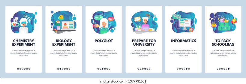 Mobile app onboarding screens. School and college education, chemistry lab, biology experiment, learning languages. Menu vector banner template for website and mobile development. Web illustration.