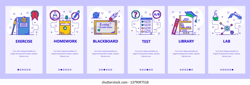 Mobile app onboarding screens. School education, homework, library and test results. Menu vector banner template for website and mobile development. Web site design flat illustration.