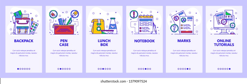 Mobile app onboarding screens. School education, backpack, lunch box, notebook and test grades. Menu vector banner template for website and mobile development. Web site design flat illustration.