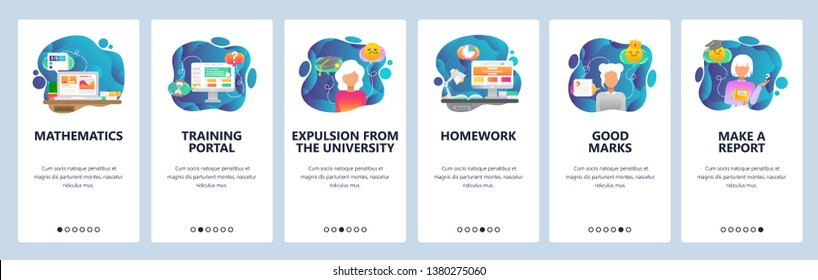 Mobile app onboarding screens. School and college education icons, math, homework, student expulsion. Menu vector banner template for website and mobile development. Web site design flat illustration.